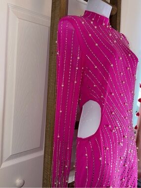 Embellished Hot Pink Cutout Long-Sleeve Mini Dress